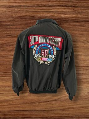NASCAR 50th Anniversary Men's Sz L Hartwell ViaSport Patches Black Nylon Jacket